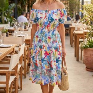 Tropical Print Bardot Dress