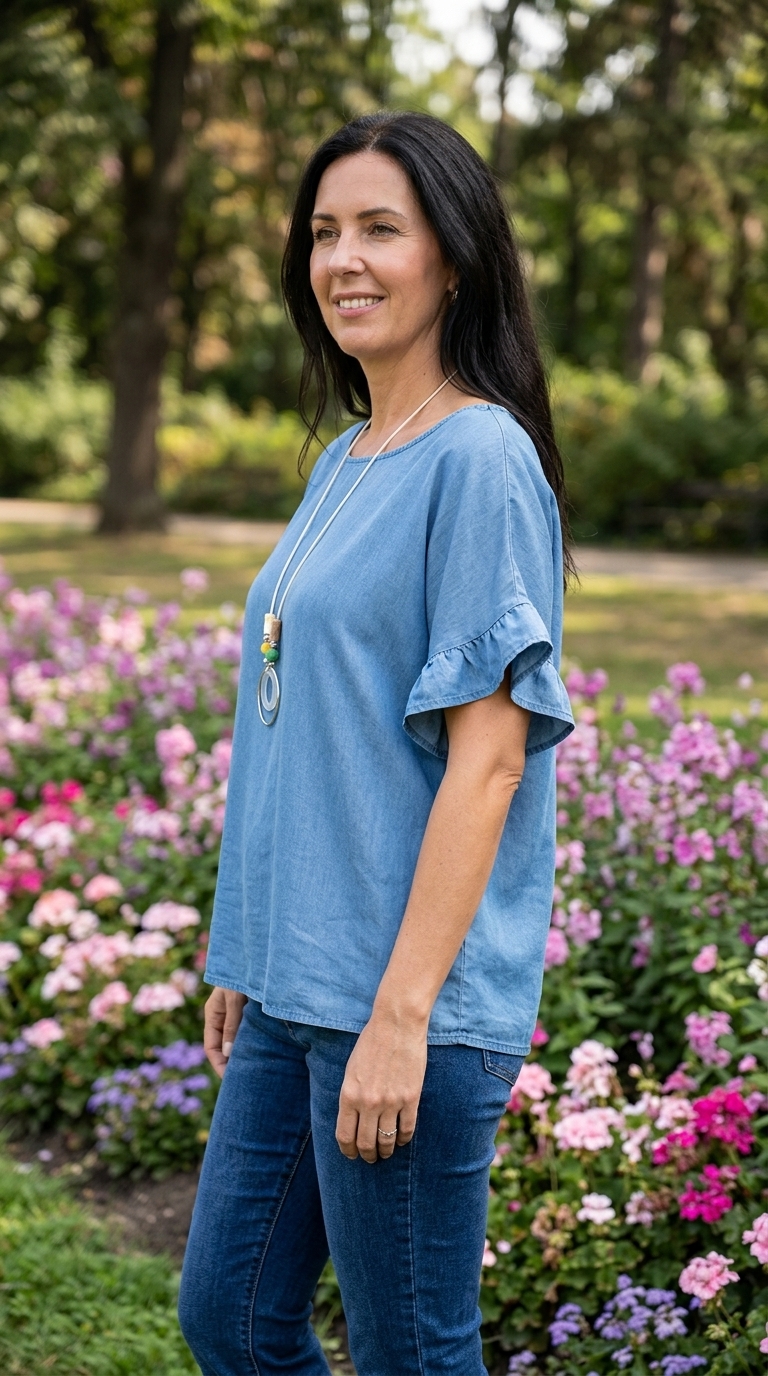 Denim Blue Necklace Frill Top - Image 3