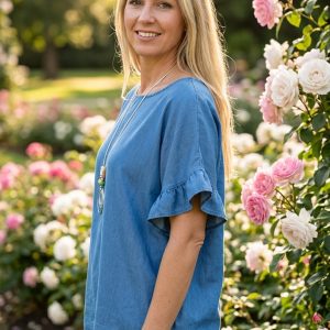 Denim Blue Necklace Frill Top