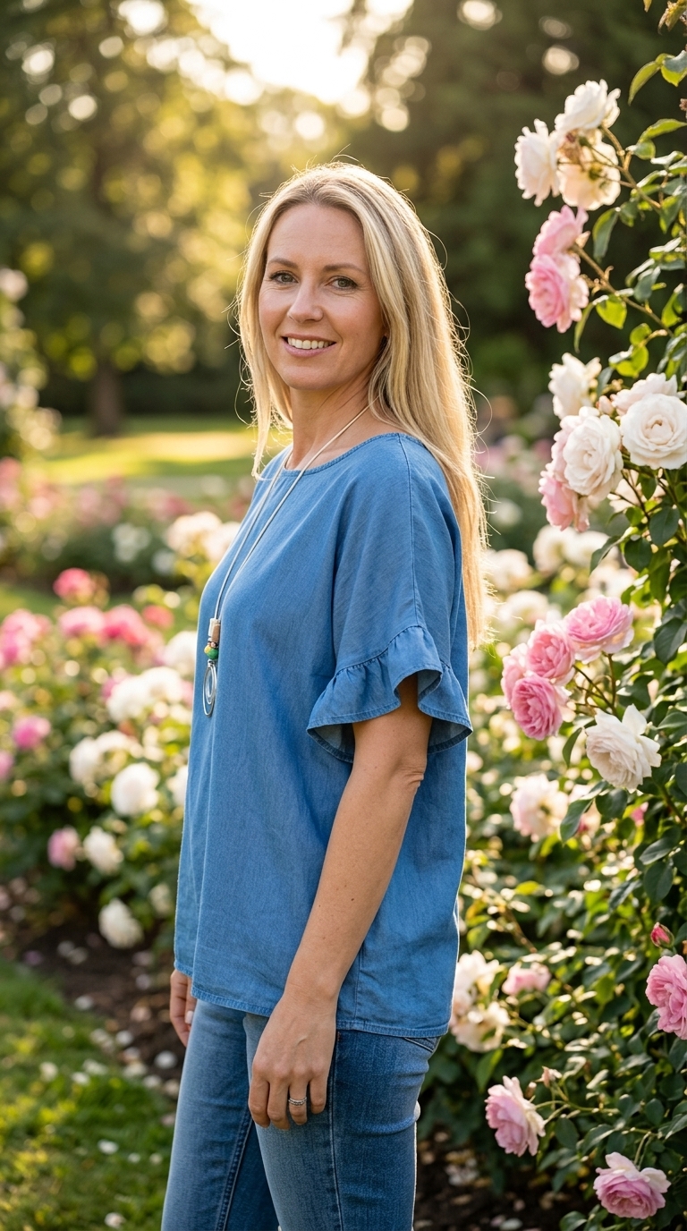 Denim Blue Necklace Frill Top