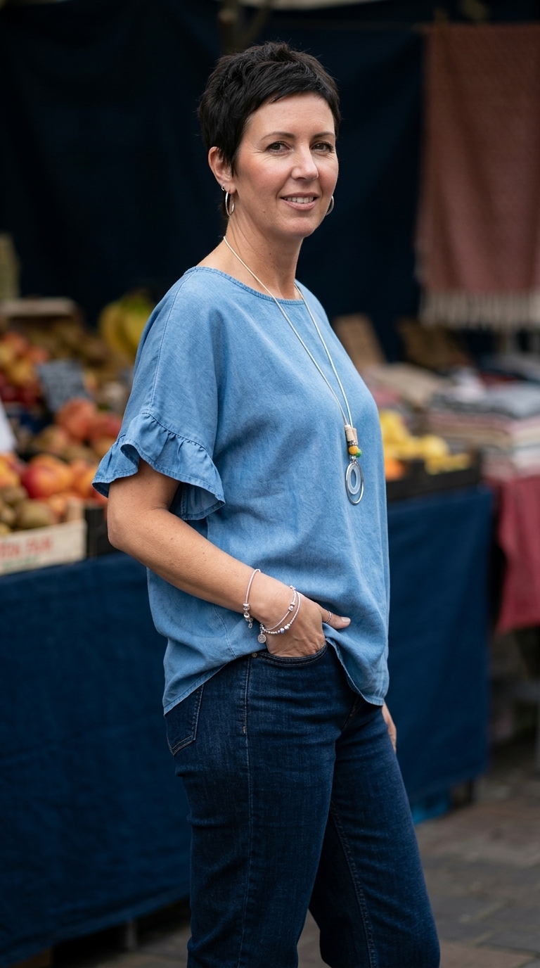 Denim Blue Necklace Frill Top - Image 2