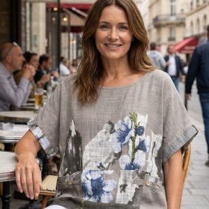 Linen Style Botanical Print Tunic
