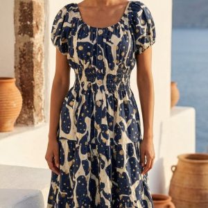 Navy & Ivory Print Bardot Dress