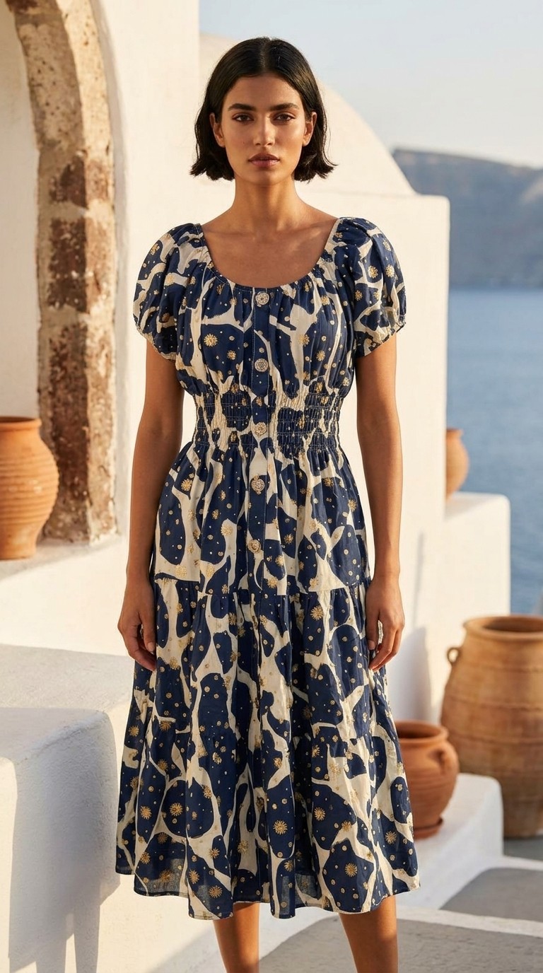 Navy & Ivory Print Bardot Dress