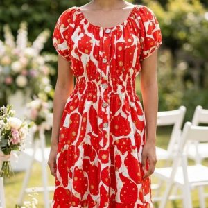 Red and Gold Bardot Style Dress