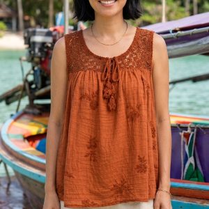 Embroidered Crochet Neckline Top